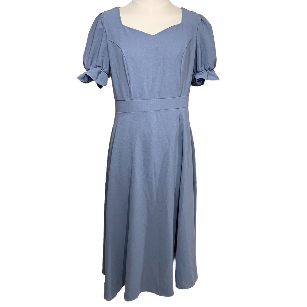 Dazy Midi Dress Womens Large Blue Sweetheart‎ Puff Sleeve Ruffle A-Line